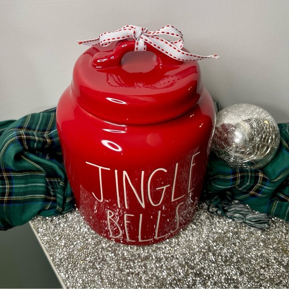 Rae Dunn Holiday Christmas Jingle Bells Cookie Jar Red Ceramic Canister New - Picture 3 of 9